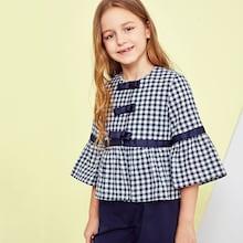 Shein Girls Bow Front Gingham Print Peplum Jacket
