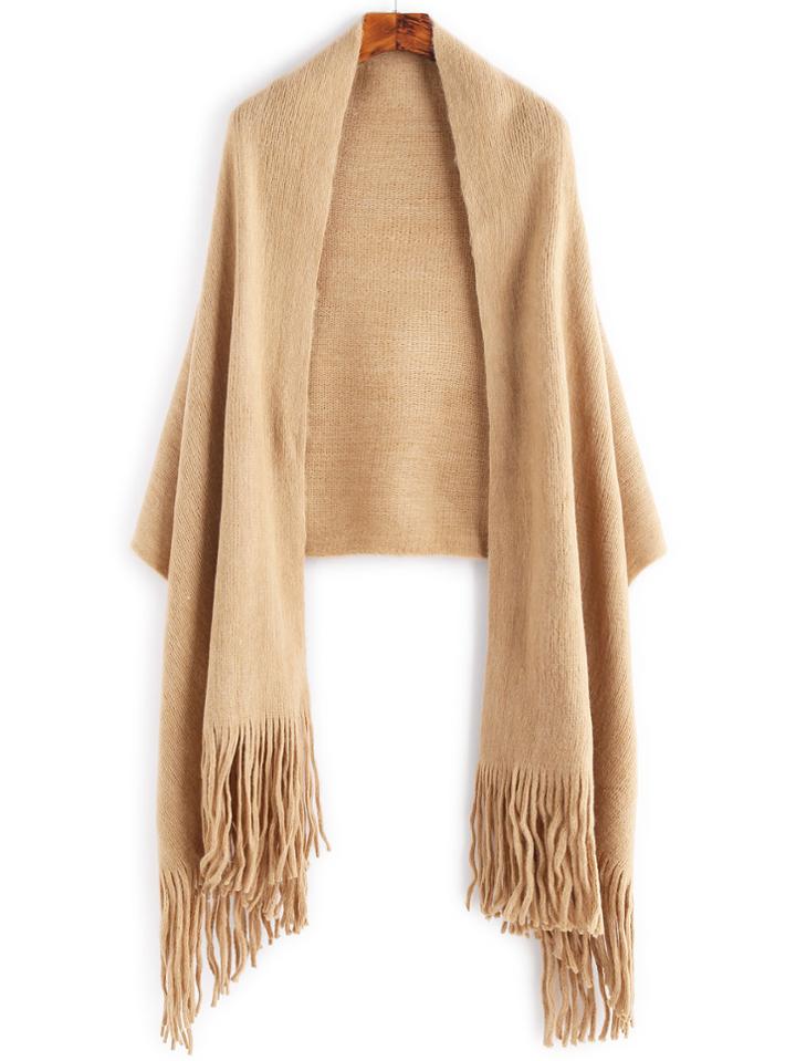 Shein Khaki Plain Long Fringe Knit Shawl Scarf