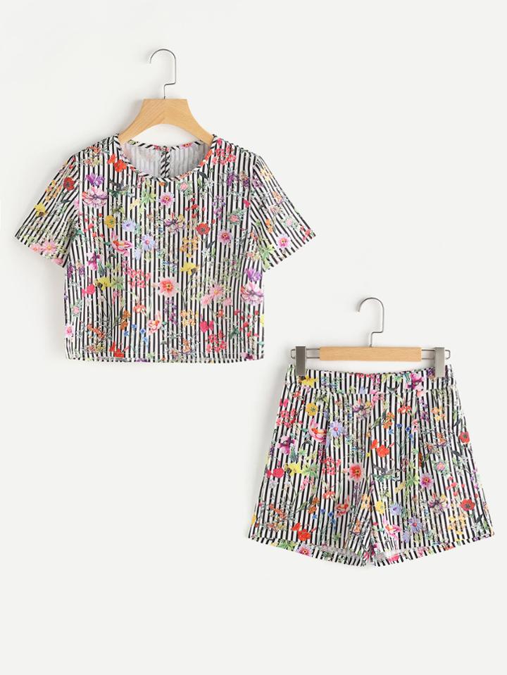 Shein Allover Calico Print Keyhole Back Top With Shorts