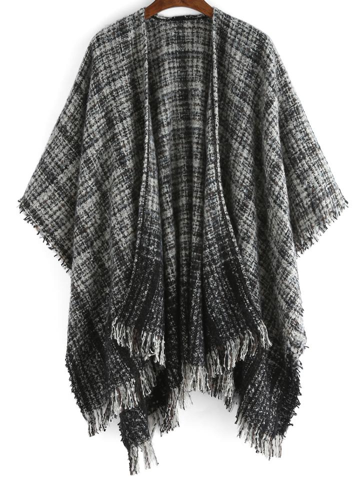 Shein Black Plaid Fringe Loose Cape