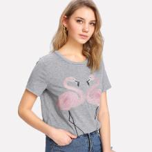 Shein Flamingo Embroidered Heathered Tee