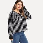 Shein Plus Buttoned Half Placket Striped Tee