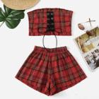 Shein Frill Trim Plaid Tube Top With Shorts