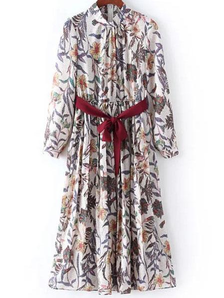 Shein White Stand Collar Leaves Print Pleated Belt Dress