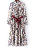 Shein White Stand Collar Leaves Print Pleated Belt Dress