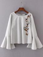 Shein Pale Grey Flower Embroidery Tie Back Ruffle Cuff Blouse