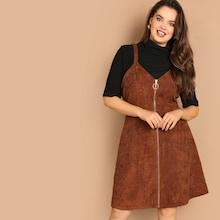 Shein Plus O-ring Zip Front Corduroy Pinafore Dress