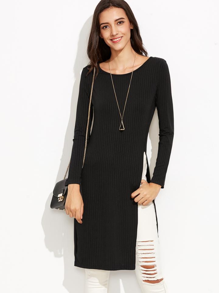 Shein Black High-slit Ribbed Long Sweater