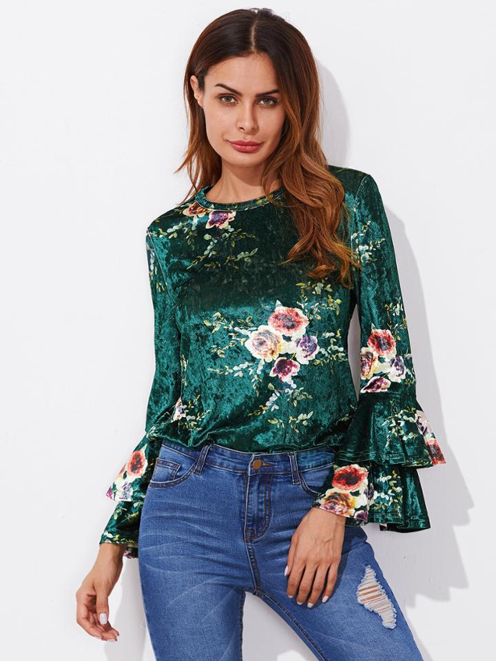 Shein Layered Trumpet Sleeve Floral Velvet Top