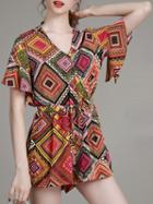 Shein Multicolor V Neck Tribal Print Drawstring Jumpsuit