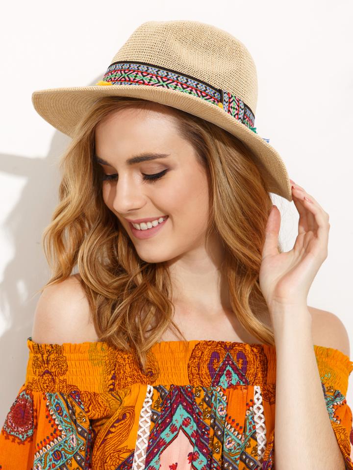 Shein Beige Vacation Pom Pom Embroidered Ribbon Wide Brimmed Straw Hat