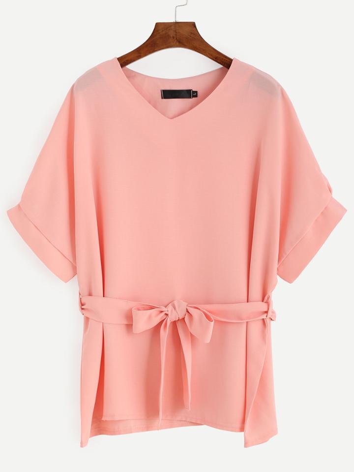 Shein Pink Cuff Sleeve Self Tie Blouse