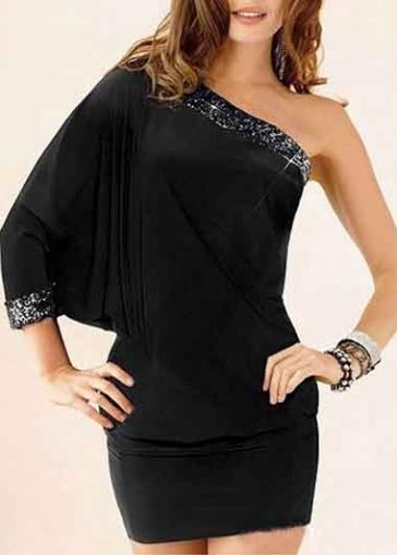 Rosewe One Sleeve Sequins Decorated Black Sheath Dress