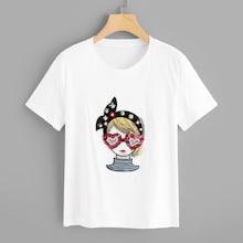 Shein Figure Print Contrast Sequin Pearls Tee