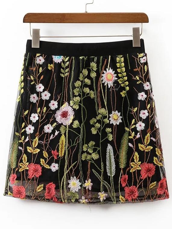 Shein Elastic Waist Embroidery Mesh Skirt
