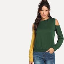 Shein Open Shoulder Color Block Sleeve Sweatshirt