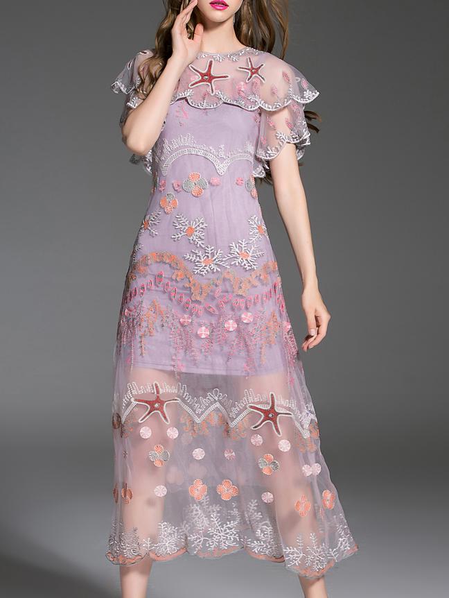 Shein Purple Ruffle Embroidered A-line Dress