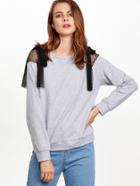 Shein Heather Grey Bow Tie Dotted Mesh Shoulder Sweatshirt