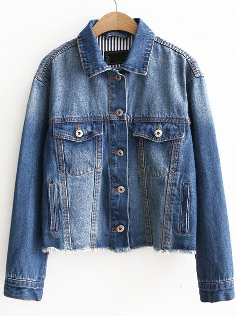 Shein Blue Single Breasted Frayed Denim Jacket With Pocket