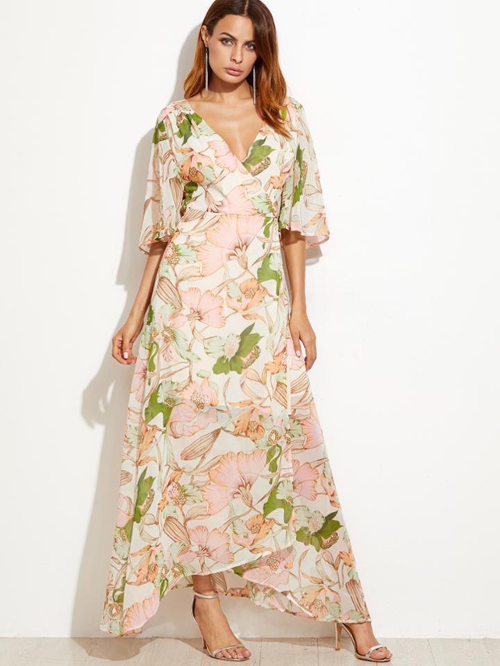 Shein Black Flower Printed Self Tie Warp Dress