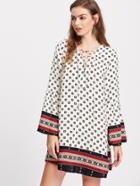 Shein Ornate Print Lace Up Fluted Sleeve Tunic Dress