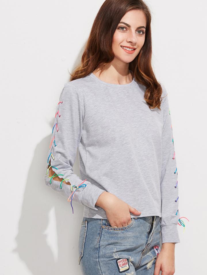 Shein Heather Grey Lace Up Sleeve T-shirt