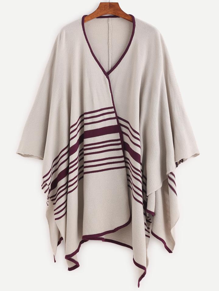 Shein Apricot Contrast Trim Striped Pattern Poncho Cardigan