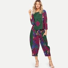 Shein Flower Print Top With Wide Leg Pants