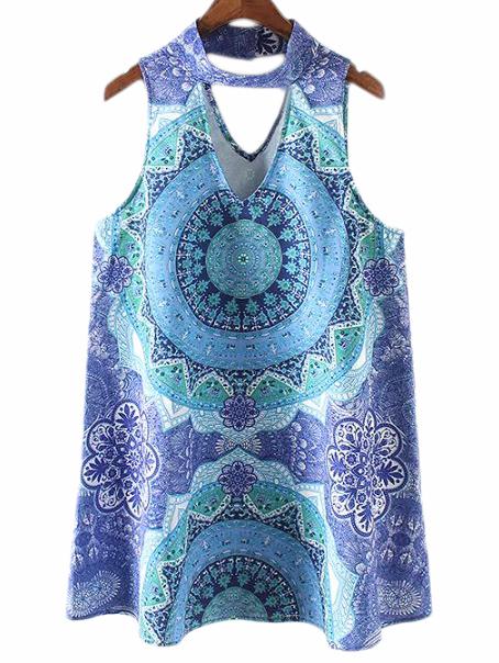 Shein Blue Sleeveless Cut Out Vintage Print Dress