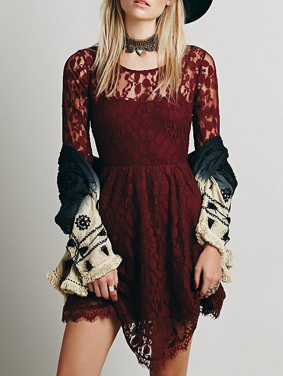 Shein Round Neck Soluble Flowers Lace Wine Red Dress