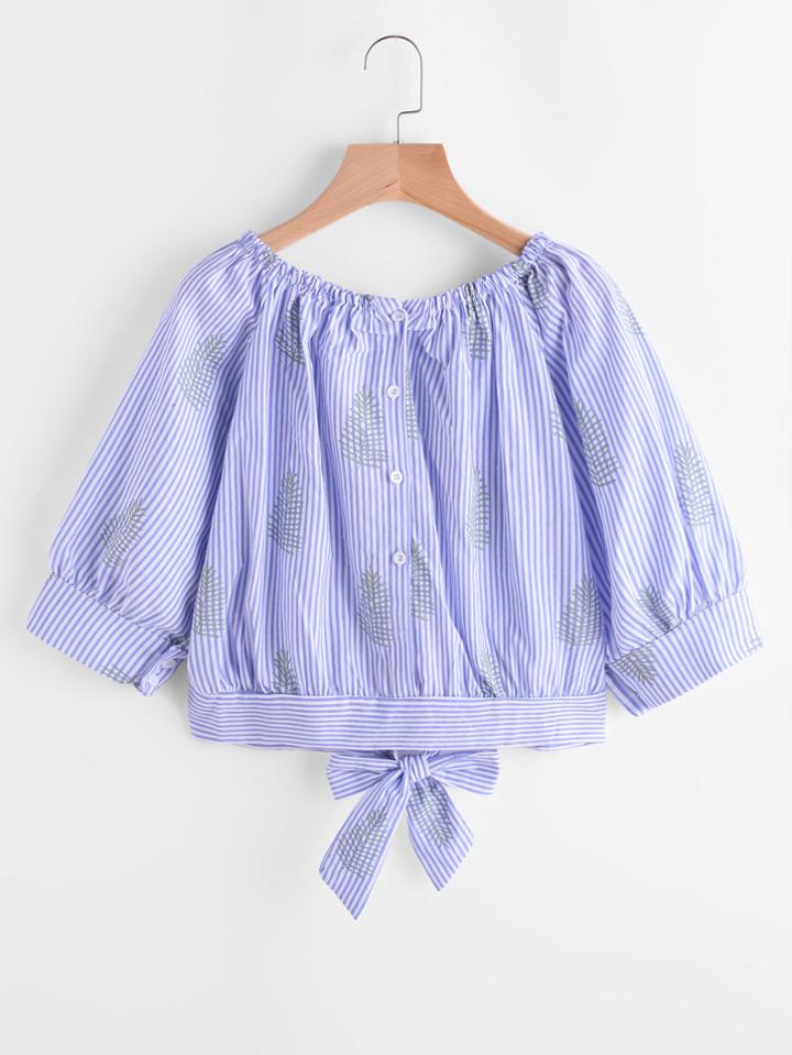 Shein Boat Neckline Pinstripe Grass Print Tie Back Top