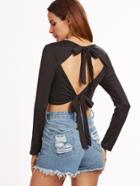 Shein Black Open Back Bow Tie Crop T-shirt