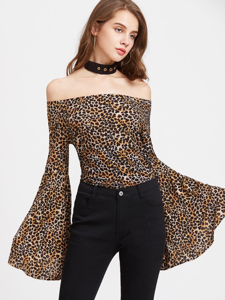 Shein Off Shoulder Fluted Sleeve Leopard Print Top