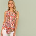 Shein Belted Floral And Plaid Shell Top