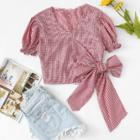 Shein Bow Tie Side Surplice Wrap Plaid Top