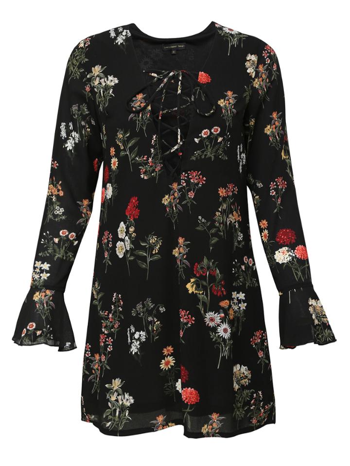 Shein Black Ruffle Sleeve Lace Up Floral Dress