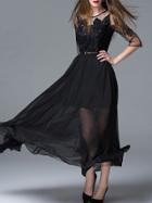 Shein Black Sheer Sequined Embroidered Belted Maxi Dress