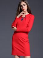Shein Red Collar Long Sleeve Beading Bodycon Dress