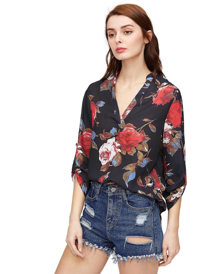 Shein Black Long Sleeve Floral Print Blouse