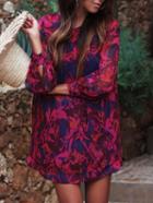 Shein Red Blue Long Sleeve Floral Loose Dress