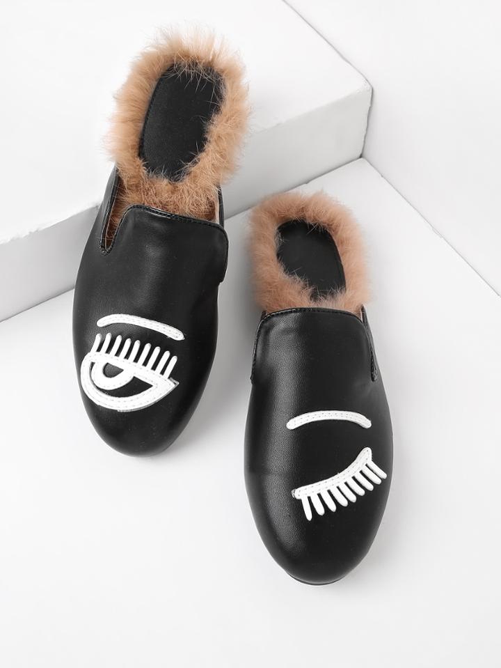 Shein Eyelash Pattern Pu Flat Mules With Faux Fur