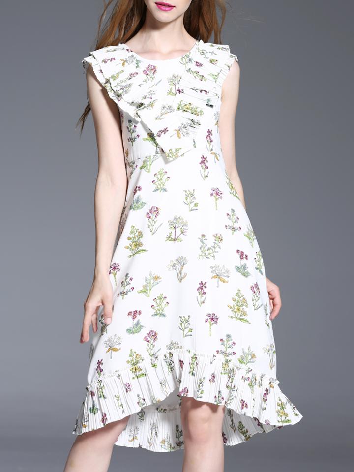 Shein White Ruffle High Low Print Dress