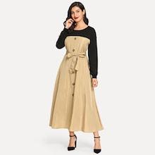Shein Button Detail Tie Waist Two Tone Hijab Dress