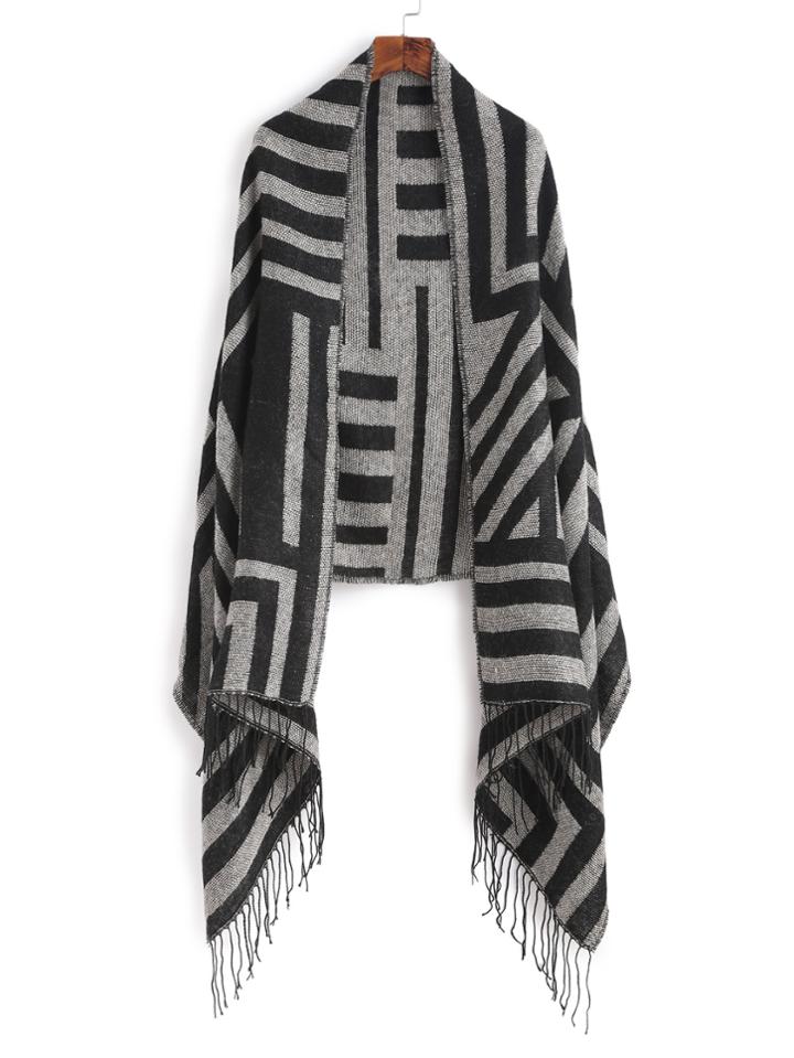 Shein Black Stripe Fringe Edge Shawl Scarf