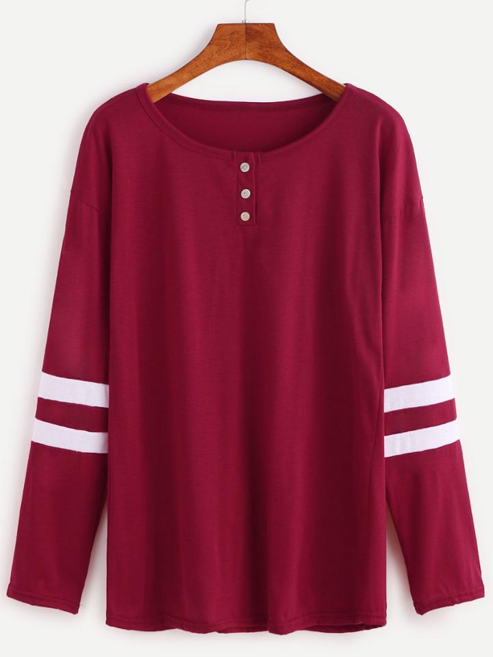 Shein Burgundy Varsity Striped Button T-shirt