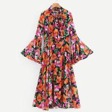 Shein All Over Florals Flounce Sleeve Tie Neck Dress