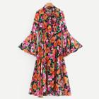 Shein All Over Florals Flounce Sleeve Tie Neck Dress