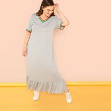 Shein Plus Striped Trim Ruffle Hem Heather Grey Dress