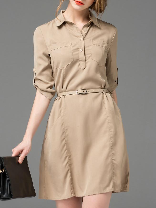 Shein Khaki Lapel Pockets Belted Dress