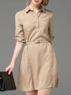 Shein Khaki Lapel Pockets Belted Dress